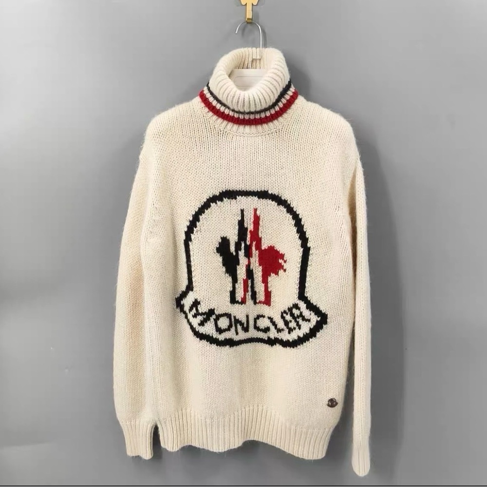 Moncler Cream Knit Sweater with Red Logo Trim